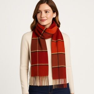Preston & York Plaid Fringe Scarf Red Brown One Size